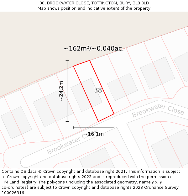 38, BROOKWATER CLOSE, TOTTINGTON, BURY, BL8 3LD: Plot and title map
