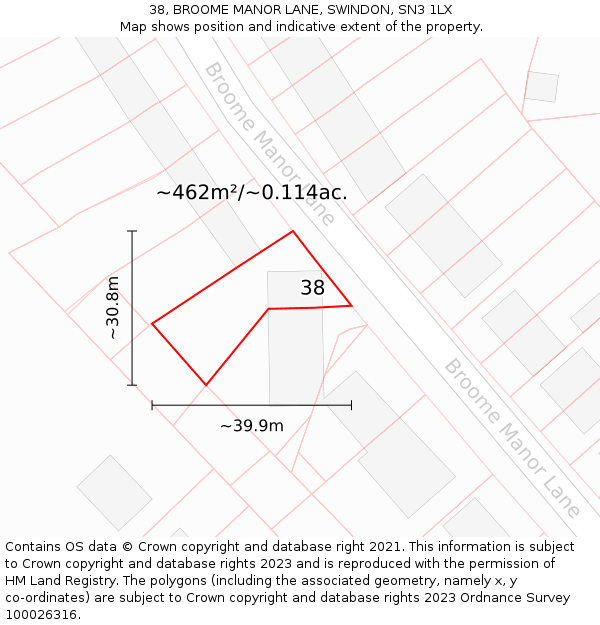 38, BROOME MANOR LANE, SWINDON, SN3 1LX: Plot and title map