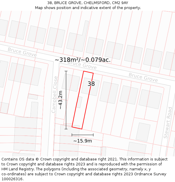 38, BRUCE GROVE, CHELMSFORD, CM2 9AY: Plot and title map