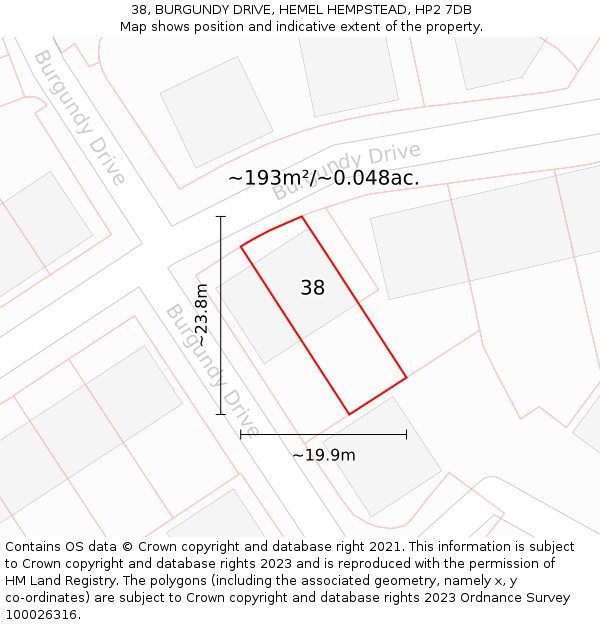 38, BURGUNDY DRIVE, HEMEL HEMPSTEAD, HP2 7DB: Plot and title map