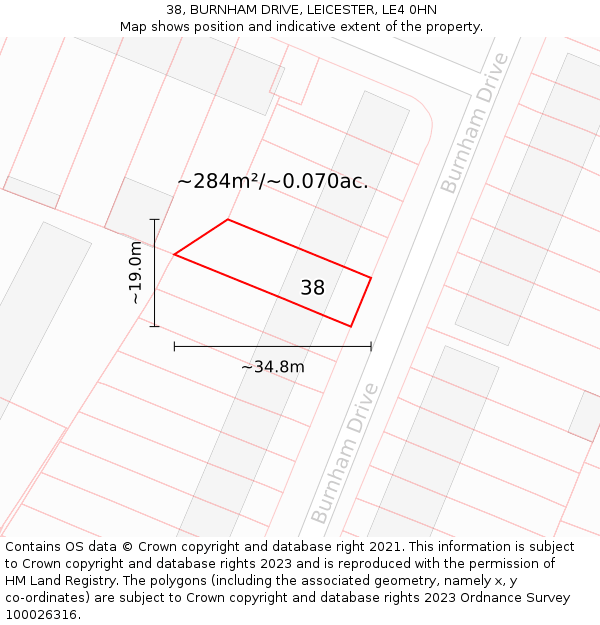 38, BURNHAM DRIVE, LEICESTER, LE4 0HN: Plot and title map