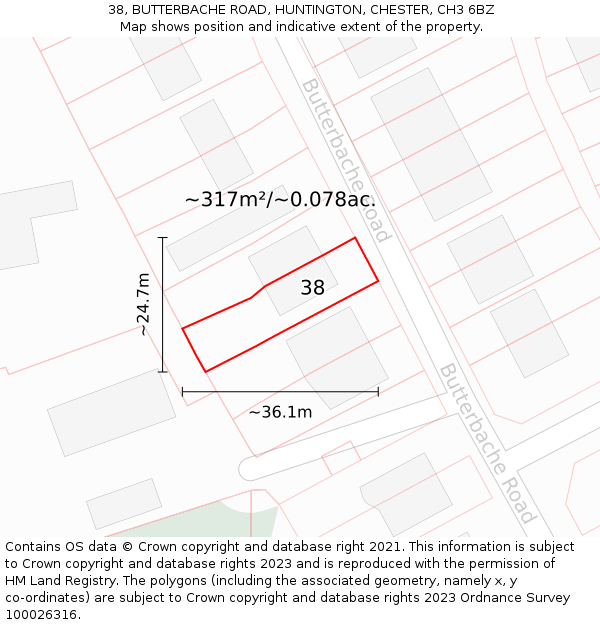 38, BUTTERBACHE ROAD, HUNTINGTON, CHESTER, CH3 6BZ: Plot and title map