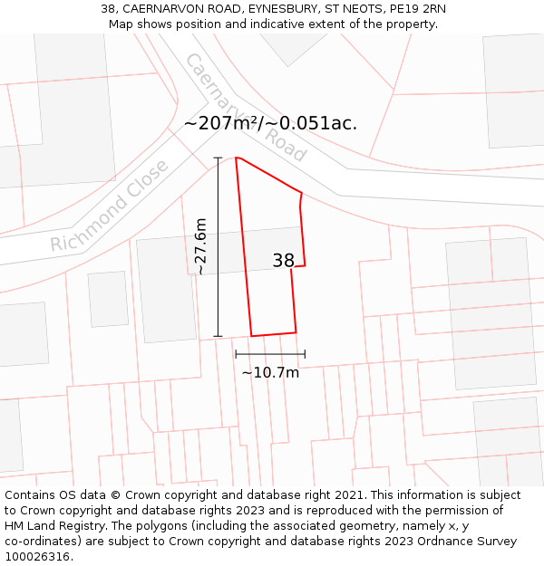 38, CAERNARVON ROAD, EYNESBURY, ST NEOTS, PE19 2RN: Plot and title map