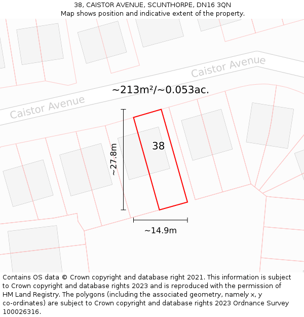 38, CAISTOR AVENUE, SCUNTHORPE, DN16 3QN: Plot and title map