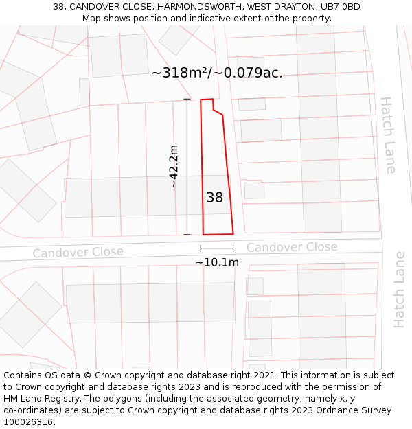 38, CANDOVER CLOSE, HARMONDSWORTH, WEST DRAYTON, UB7 0BD: Plot and title map