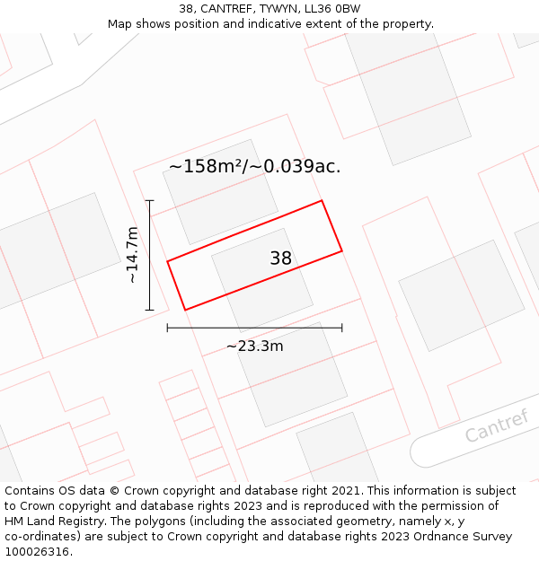 38, CANTREF, TYWYN, LL36 0BW: Plot and title map