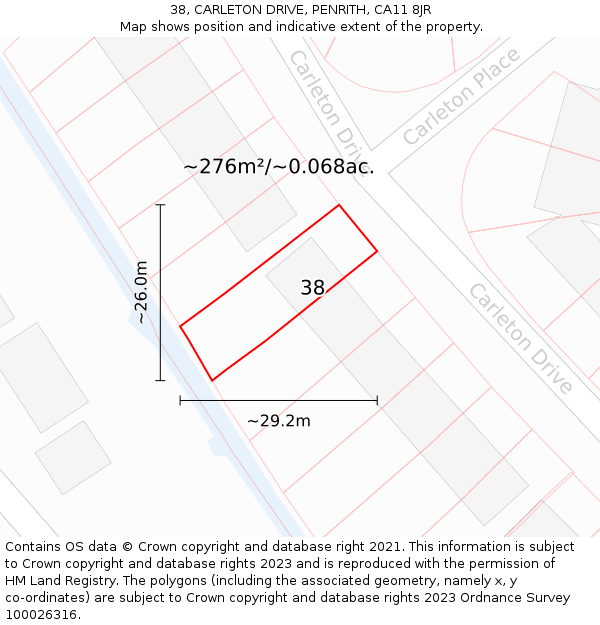 38, CARLETON DRIVE, PENRITH, CA11 8JR: Plot and title map
