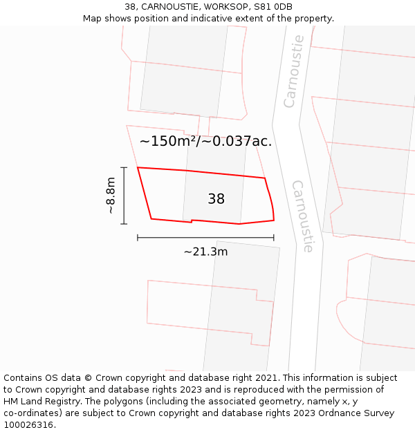 38, CARNOUSTIE, WORKSOP, S81 0DB: Plot and title map