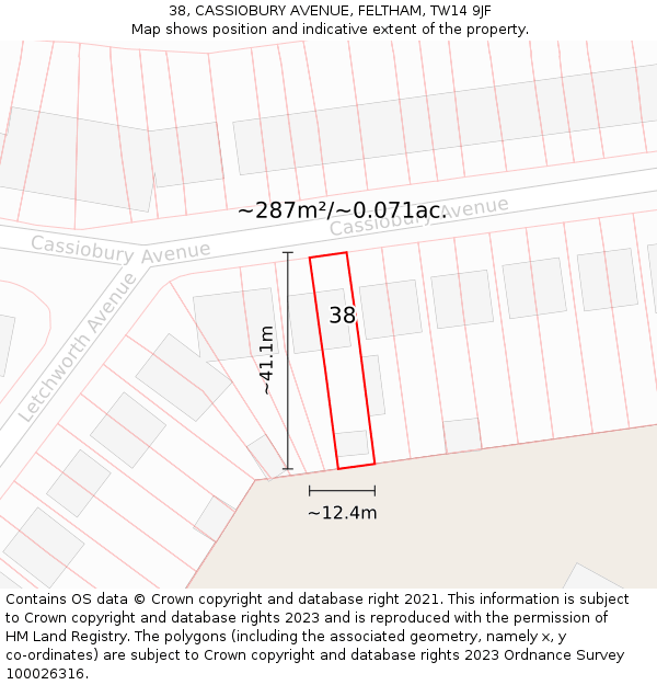 38, CASSIOBURY AVENUE, FELTHAM, TW14 9JF: Plot and title map