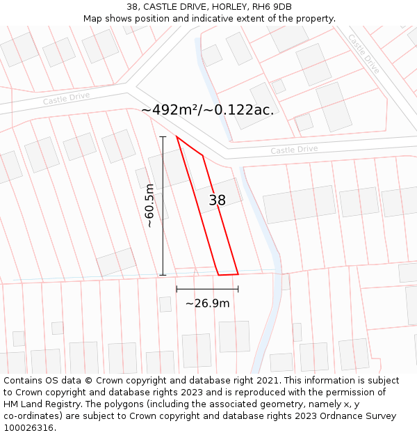 38, CASTLE DRIVE, HORLEY, RH6 9DB: Plot and title map
