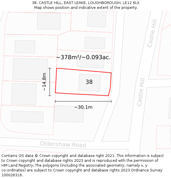 38, CASTLE HILL, EAST LEAKE, LOUGHBOROUGH, LE12 6LX: Plot and title map