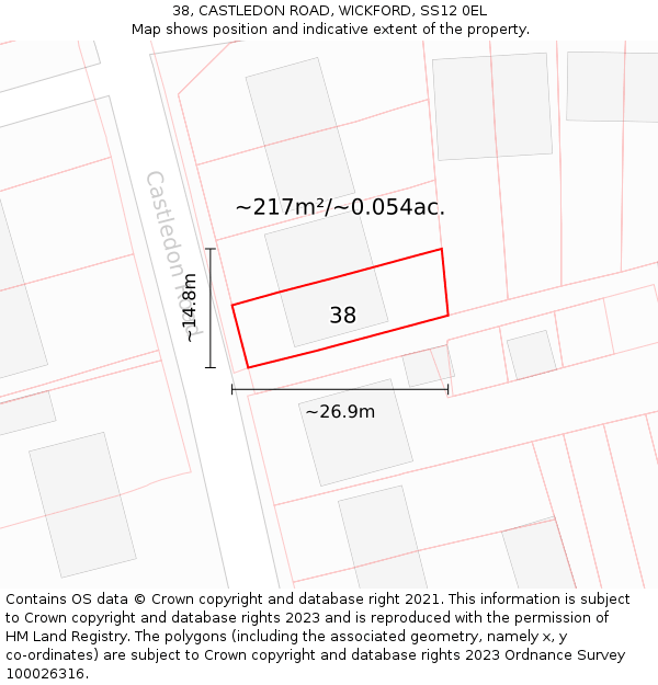 38, CASTLEDON ROAD, WICKFORD, SS12 0EL: Plot and title map