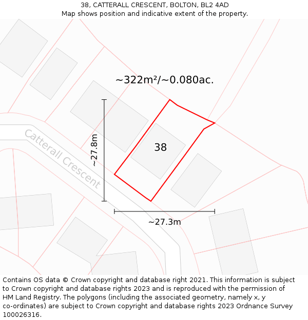 38, CATTERALL CRESCENT, BOLTON, BL2 4AD: Plot and title map