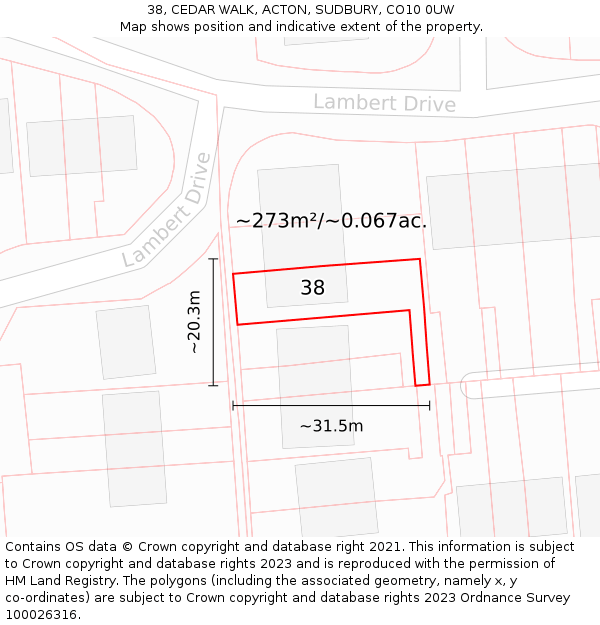 38, CEDAR WALK, ACTON, SUDBURY, CO10 0UW: Plot and title map