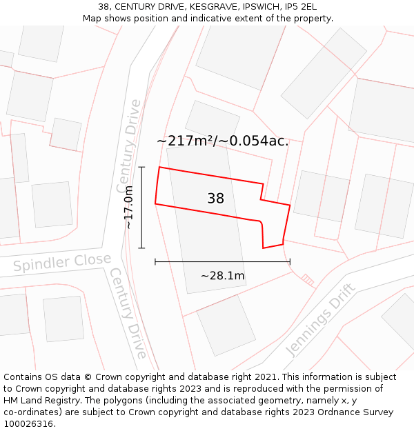 38, CENTURY DRIVE, KESGRAVE, IPSWICH, IP5 2EL: Plot and title map