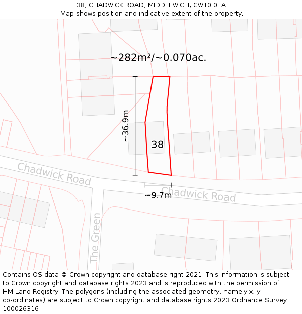 38, CHADWICK ROAD, MIDDLEWICH, CW10 0EA: Plot and title map
