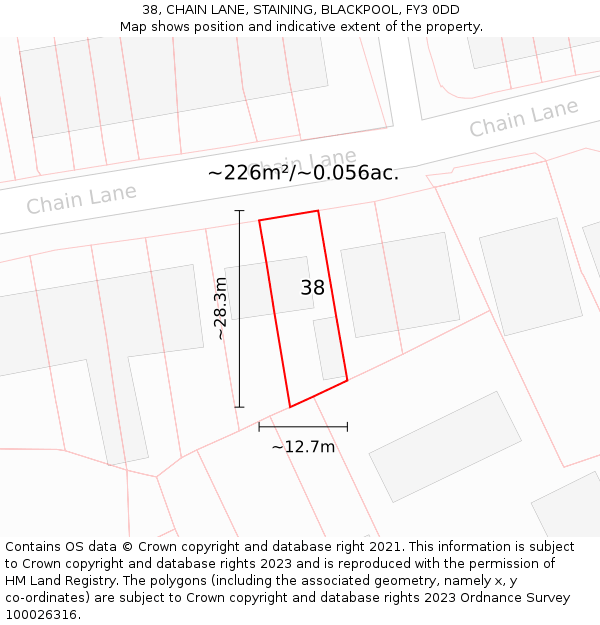 38, CHAIN LANE, STAINING, BLACKPOOL, FY3 0DD: Plot and title map