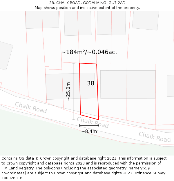 38, CHALK ROAD, GODALMING, GU7 2AD: Plot and title map