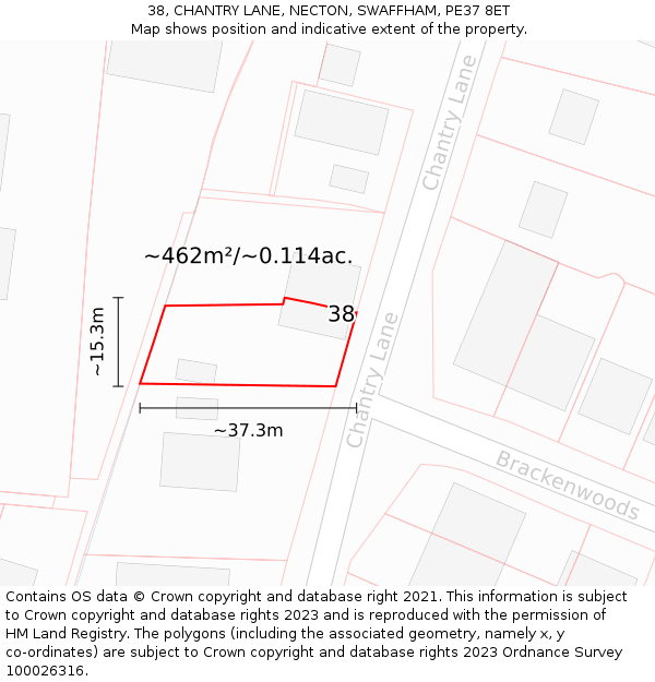38, CHANTRY LANE, NECTON, SWAFFHAM, PE37 8ET: Plot and title map