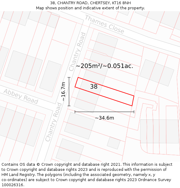 38, CHANTRY ROAD, CHERTSEY, KT16 8NH: Plot and title map