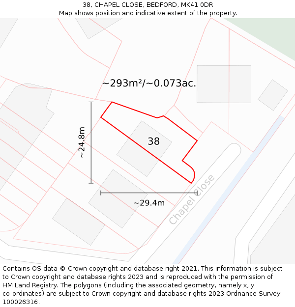 38, CHAPEL CLOSE, BEDFORD, MK41 0DR: Plot and title map