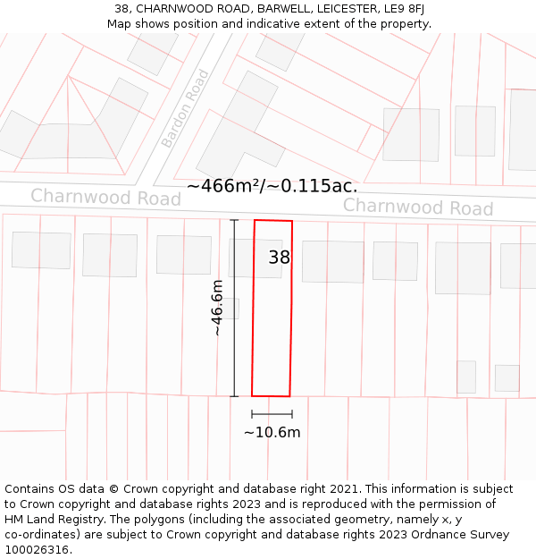 38, CHARNWOOD ROAD, BARWELL, LEICESTER, LE9 8FJ: Plot and title map