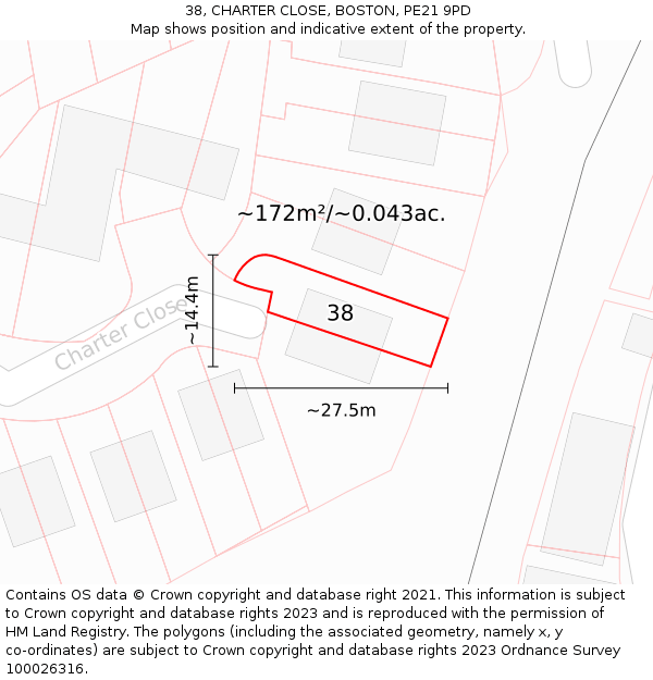 38, CHARTER CLOSE, BOSTON, PE21 9PD: Plot and title map