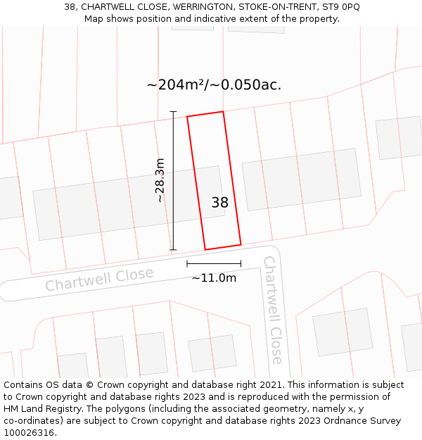 38, CHARTWELL CLOSE, WERRINGTON, STOKE-ON-TRENT, ST9 0PQ: Plot and title map
