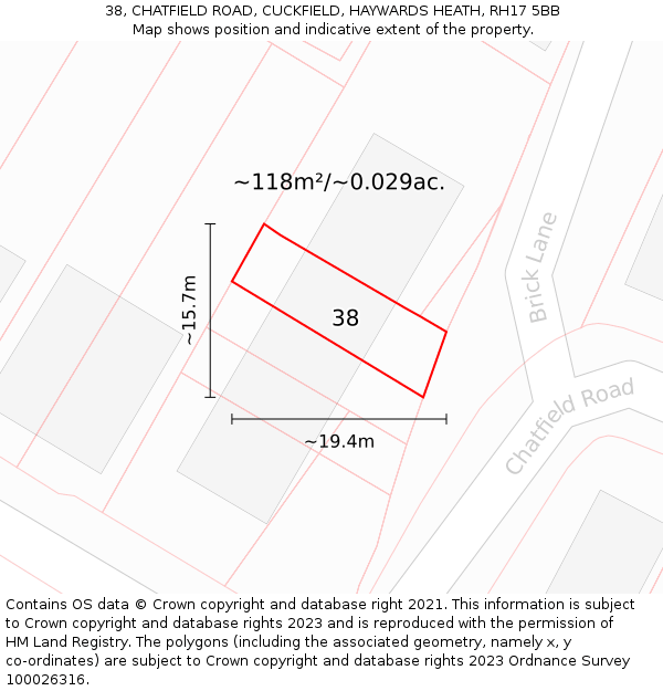 38, CHATFIELD ROAD, CUCKFIELD, HAYWARDS HEATH, RH17 5BB: Plot and title map