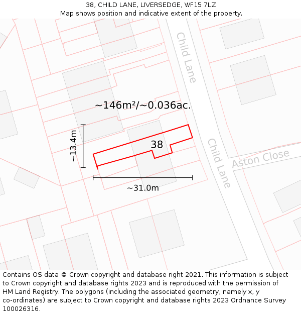 38, CHILD LANE, LIVERSEDGE, WF15 7LZ: Plot and title map