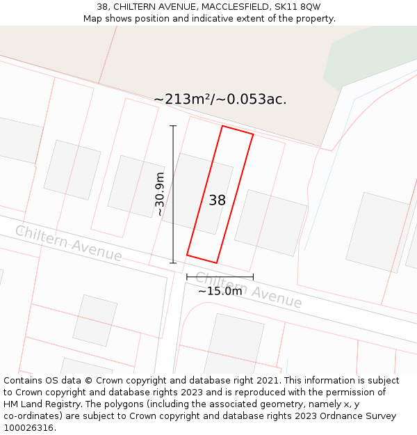 38, CHILTERN AVENUE, MACCLESFIELD, SK11 8QW: Plot and title map