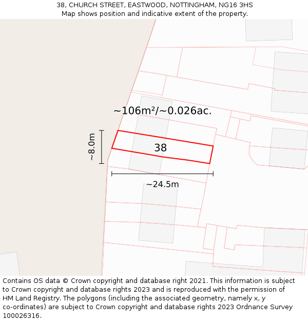 38, CHURCH STREET, EASTWOOD, NOTTINGHAM, NG16 3HS: Plot and title map