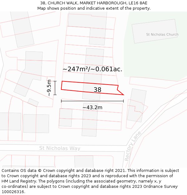 38, CHURCH WALK, MARKET HARBOROUGH, LE16 8AE: Plot and title map