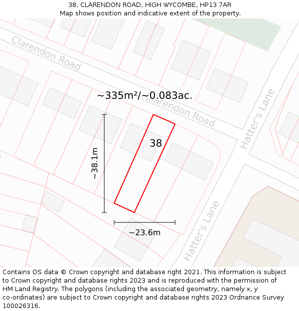 38, CLARENDON ROAD, HIGH WYCOMBE, HP13 7AR: Plot and title map