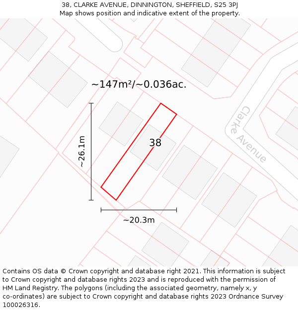 38, CLARKE AVENUE, DINNINGTON, SHEFFIELD, S25 3PJ: Plot and title map