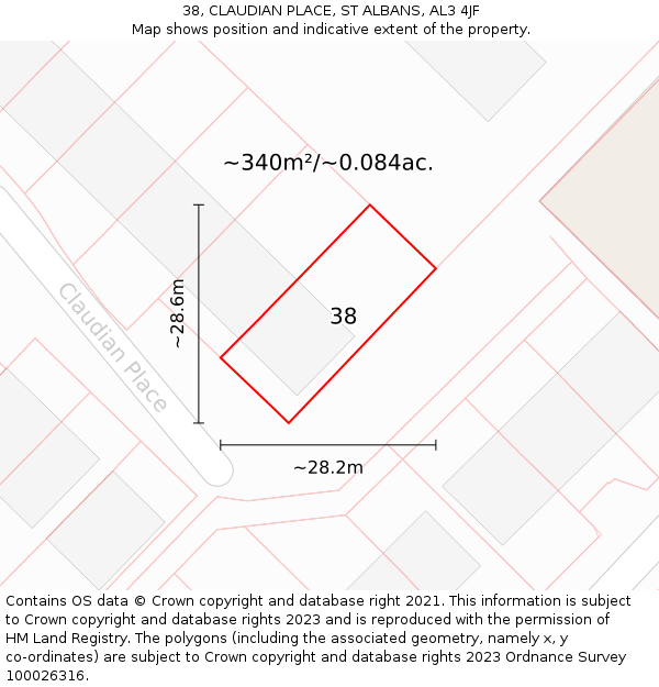 38, CLAUDIAN PLACE, ST ALBANS, AL3 4JF: Plot and title map