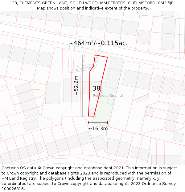 38, CLEMENTS GREEN LANE, SOUTH WOODHAM FERRERS, CHELMSFORD, CM3 5JP: Plot and title map