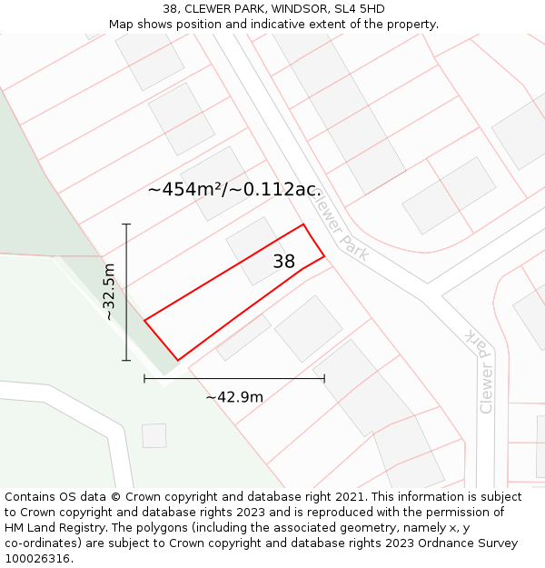 38, CLEWER PARK, WINDSOR, SL4 5HD: Plot and title map