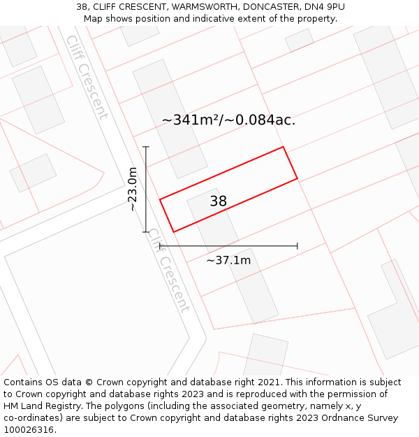 38, CLIFF CRESCENT, WARMSWORTH, DONCASTER, DN4 9PU: Plot and title map