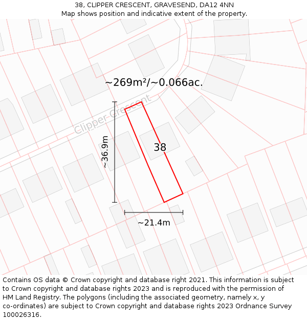 38, CLIPPER CRESCENT, GRAVESEND, DA12 4NN: Plot and title map