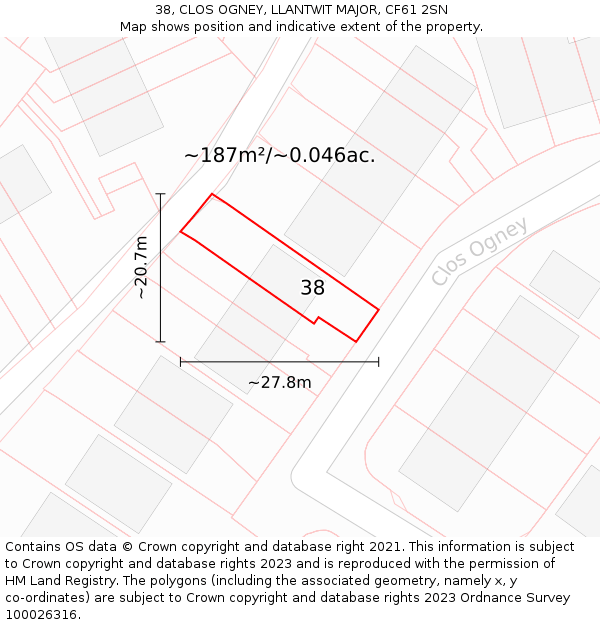 38, CLOS OGNEY, LLANTWIT MAJOR, CF61 2SN: Plot and title map