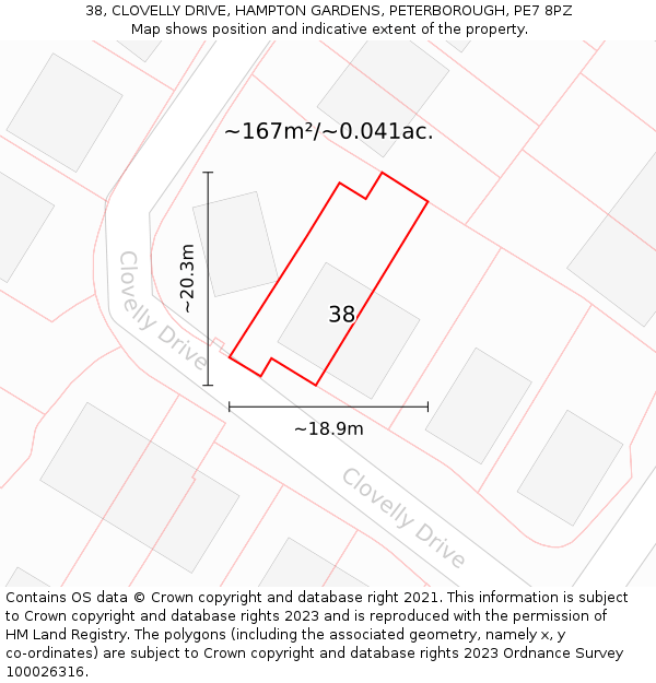 38, CLOVELLY DRIVE, HAMPTON GARDENS, PETERBOROUGH, PE7 8PZ: Plot and title map