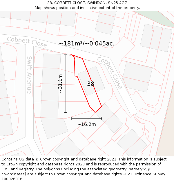 38, COBBETT CLOSE, SWINDON, SN25 4GZ: Plot and title map