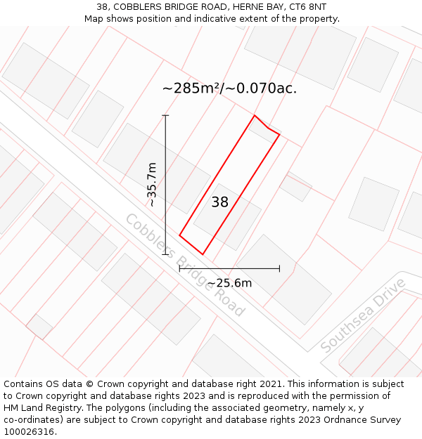 38, COBBLERS BRIDGE ROAD, HERNE BAY, CT6 8NT: Plot and title map