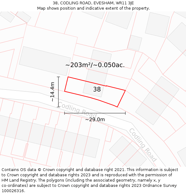 38, CODLING ROAD, EVESHAM, WR11 3JE: Plot and title map