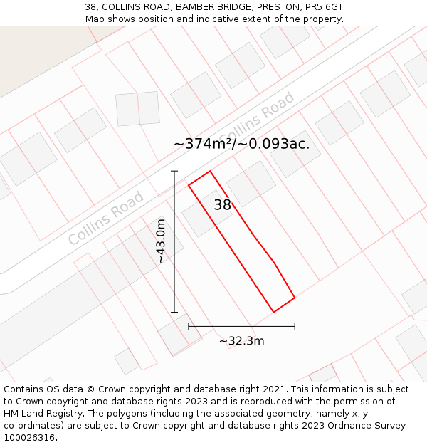 38, COLLINS ROAD, BAMBER BRIDGE, PRESTON, PR5 6GT: Plot and title map