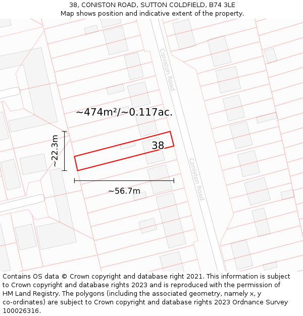 38, CONISTON ROAD, SUTTON COLDFIELD, B74 3LE: Plot and title map