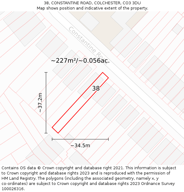 38, CONSTANTINE ROAD, COLCHESTER, CO3 3DU: Plot and title map