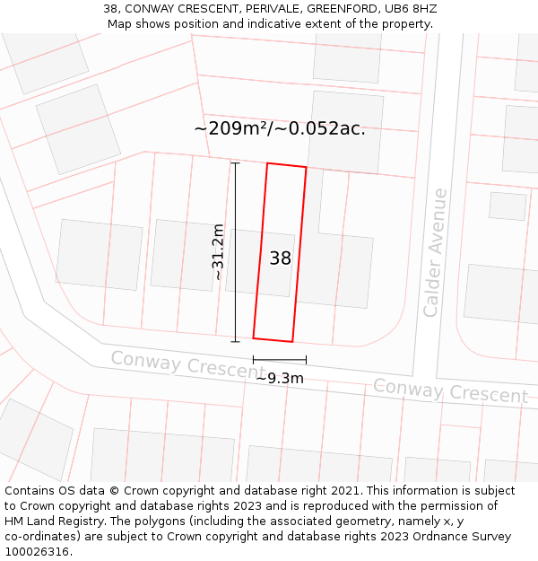38, CONWAY CRESCENT, PERIVALE, GREENFORD, UB6 8HZ: Plot and title map
