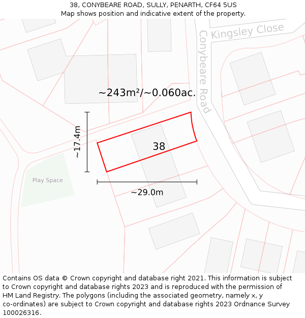 38, CONYBEARE ROAD, SULLY, PENARTH, CF64 5US: Plot and title map